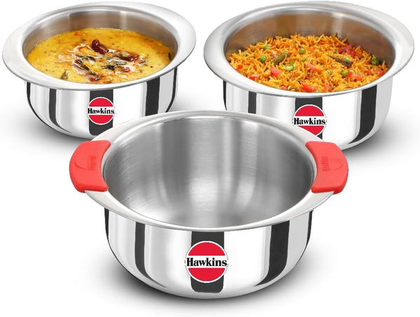 Hawkins Kitchen Gift Pack 2023 (23SGP) 3 Pieces Set of 1.5 Litre, 2 Litre and 2.5 Litre Triply Stainless Steel Patila, Tope, Bhagona, Tapeli, Saucepans