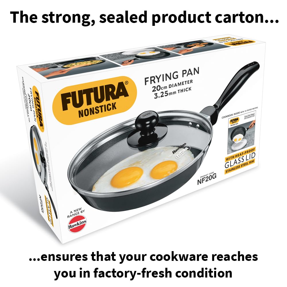 Hawkins Futura 20 cm Frying Pan, Non Stick Small Fry Pan with Glass Lid, Black (NF20G)