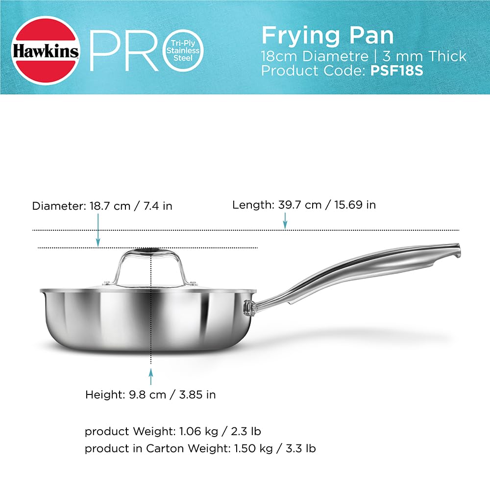 Hawkins Pro 26 cm Frying Pan, Triply Stainless Steel Fry Pan with Stainless Steel Handle and Stainless Steel Lid, Silver (PSF26S)