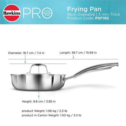 Hawkins Pro 26 cm Frying Pan, Triply Stainless Steel Fry Pan with Stainless Steel Handle and Stainless Steel Lid, Silver (PSF26S)