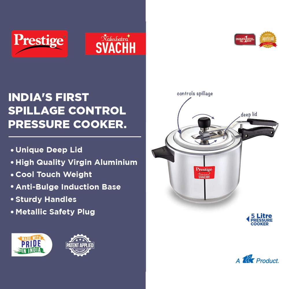 Prestige Nakshatra Plus Svachh Aluminium Straight Wall Inner Lid Pressure Cooker - Silver, 5 L, 5 Liter