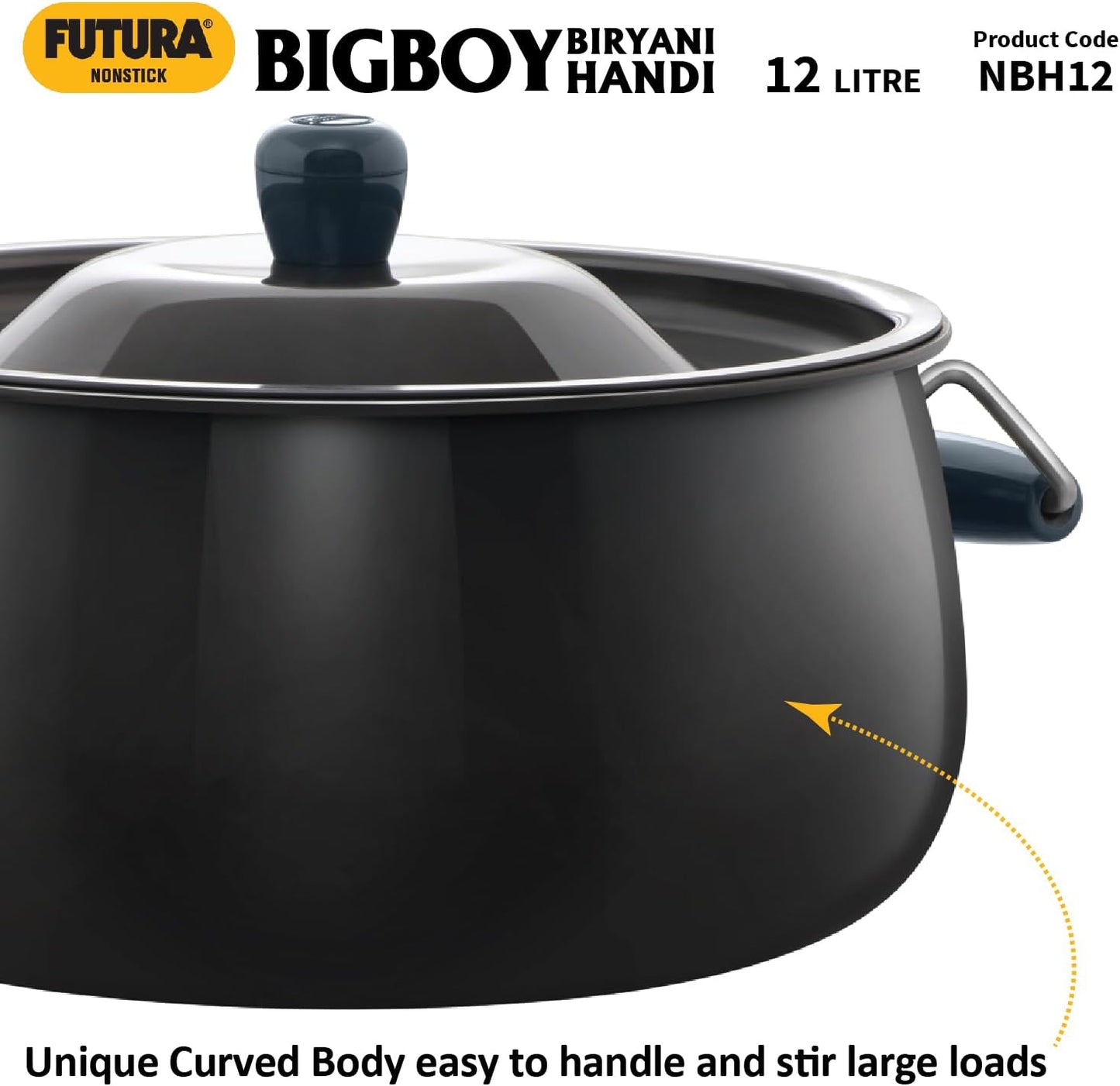 Hawkins Futura 12 Litre BigBoy Biryani Handi, Non Stick Pot with Hard Anodised Lid, Sauce Pan for Cooking and Serving Biriyani, Black (NBH12) Aluminium