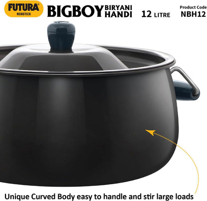 Hawkins Futura 12 Litre BigBoy Biryani Handi, Non Stick Pot with Hard Anodised Lid, Sauce Pan for Cooking and Serving Biriyani, Black (NBH12) Aluminium