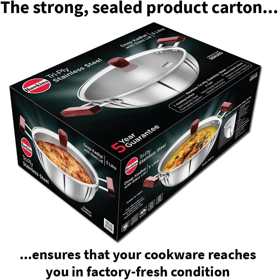 Hawkins 5 Litre Deep Kadhai, Triply Stainless Steel Kadai with Glass Lid, Flat Bottom Induction Deep Kadhai, Big Kadai, Silver (SSK50G)