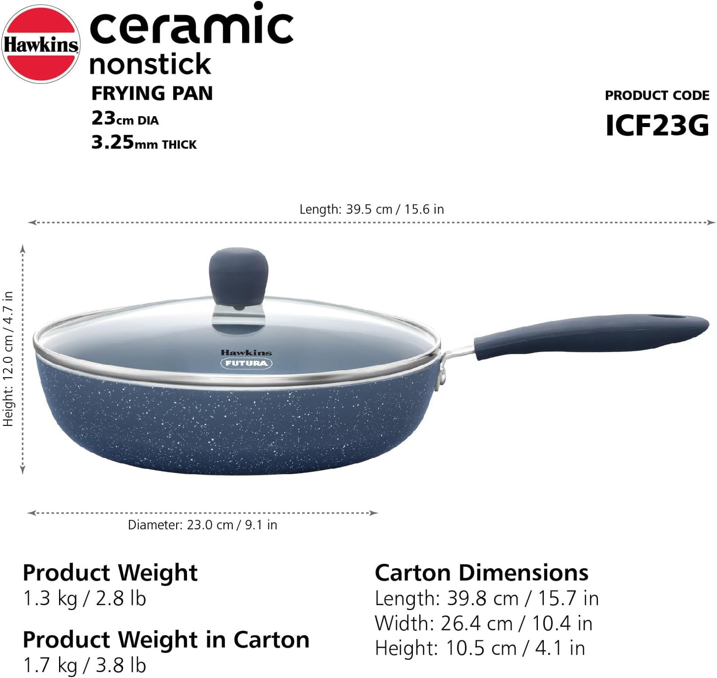 Hawkins Ceramic Nonstick Frying Pan, 24 cm Diameter, Induction Fry Pan with Glass Lid, Granite Omlette Egg Pan, Fish Pan (ICF24G)