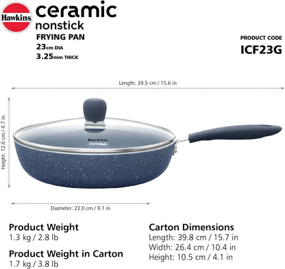 Hawkins Ceramic Nonstick Frying Pan, 24 cm Diameter, Induction Fry Pan with Glass Lid, Granite Omlette Egg Pan, Fish Pan (ICF24G)