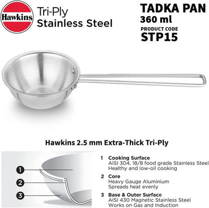 Hawkins Tadka Pan, Triply Stainless Steel Pan, Induction Pan, Silver 1.5 Cup , 2.5 Cup STP15 STP25