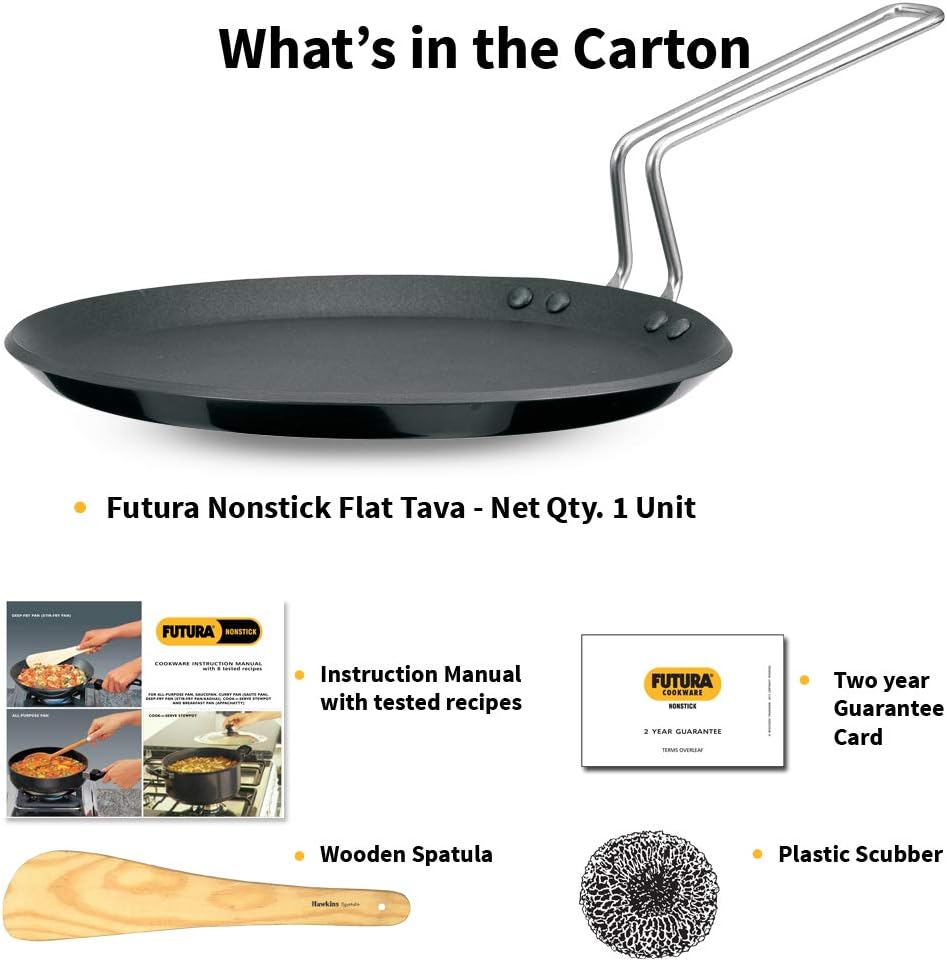 Hawkins Futura Induction Compatible Nonstick Flat Tava with Plastic Handle,26 cm / 30 cm