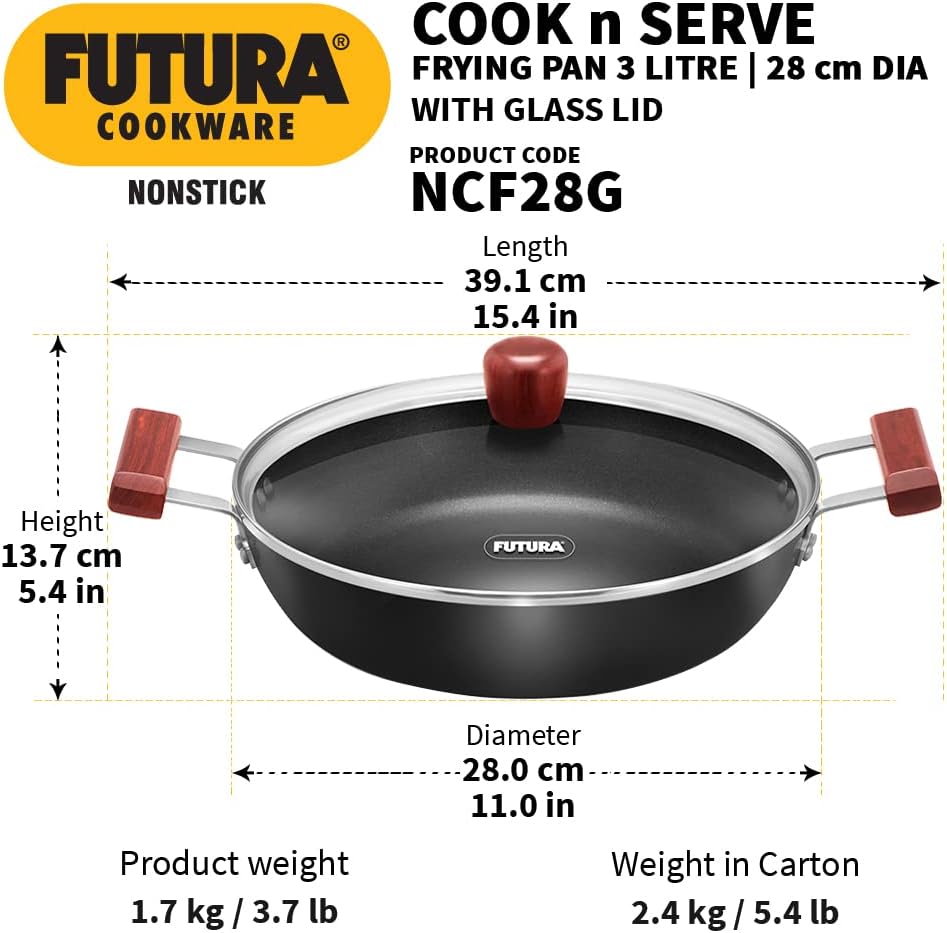 Hawkins FUTURA 3 Litre Nonstick Cook-n-Serve Frying Pan with Glass Lid, Diameter 28 cm, Black (NCF28G)