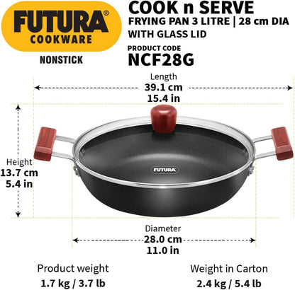 Hawkins FUTURA 3 Litre Nonstick Cook-n-Serve Frying Pan with Glass Lid, Diameter 28 cm, Black (NCF28G)