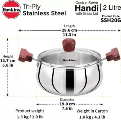Hawkins Futura Steel Cook N Serve Handi with Glass Lid, 2.0 Litre Capacity