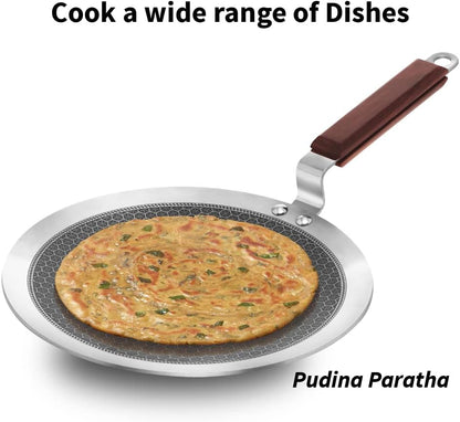 Hawkins 26 cm Paratha Tava, Triply Stainless Steel Shielded Nonstick Tawa with Rosewood Handle, Honeycomb Non Stick Induction Tawa, Silver (NSPT26)