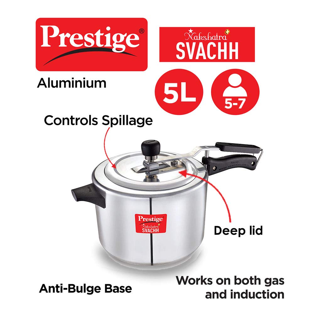 Prestige Nakshatra Plus Svachh Aluminium Straight Wall Inner Lid Pressure Cooker - Silver, 5 L, 5 Liter