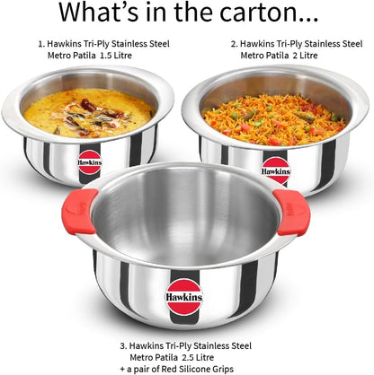 Hawkins Kitchen Gift Pack 2023 (23SGP) 3 Pieces Set of 1.5 Litre, 2 Litre and 2.5 Litre Triply Stainless Steel Patila, Tope, Bhagona, Tapeli, Saucepans