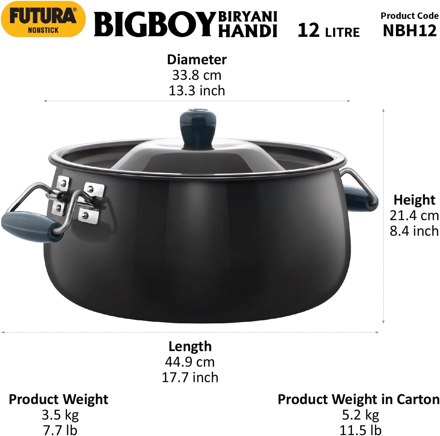 Hawkins Futura 12 Litre BigBoy Biryani Handi, Non Stick Pot with Hard Anodised Lid, Sauce Pan for Cooking and Serving Biriyani, Black (NBH12) Aluminium