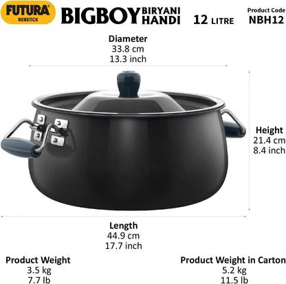 Hawkins Futura 12 Litre BigBoy Biryani Handi, Non Stick Pot with Hard Anodised Lid, Sauce Pan for Cooking and Serving Biriyani, Black (NBH12) Aluminium