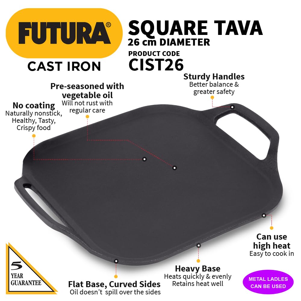 Hawkins Futura 26 cm Cast Iron Square Tava, Cast Iron Tawa for Pathri, Cast Iron Cookware for Kitchen (CIST26)