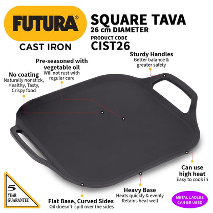 Hawkins Futura 26 cm Cast Iron Square Tava, Cast Iron Tawa for Pathri, Cast Iron Cookware for Kitchen (CIST26)
