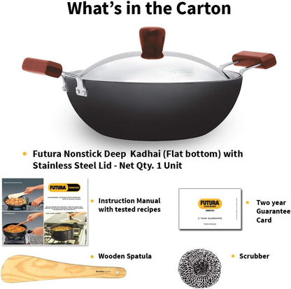 Hawkins Non-Stick Induction Compatible Flat Bottom Deep Kadhai with Stainless Steel Lid, 3.5 Litre Capacity INK35S