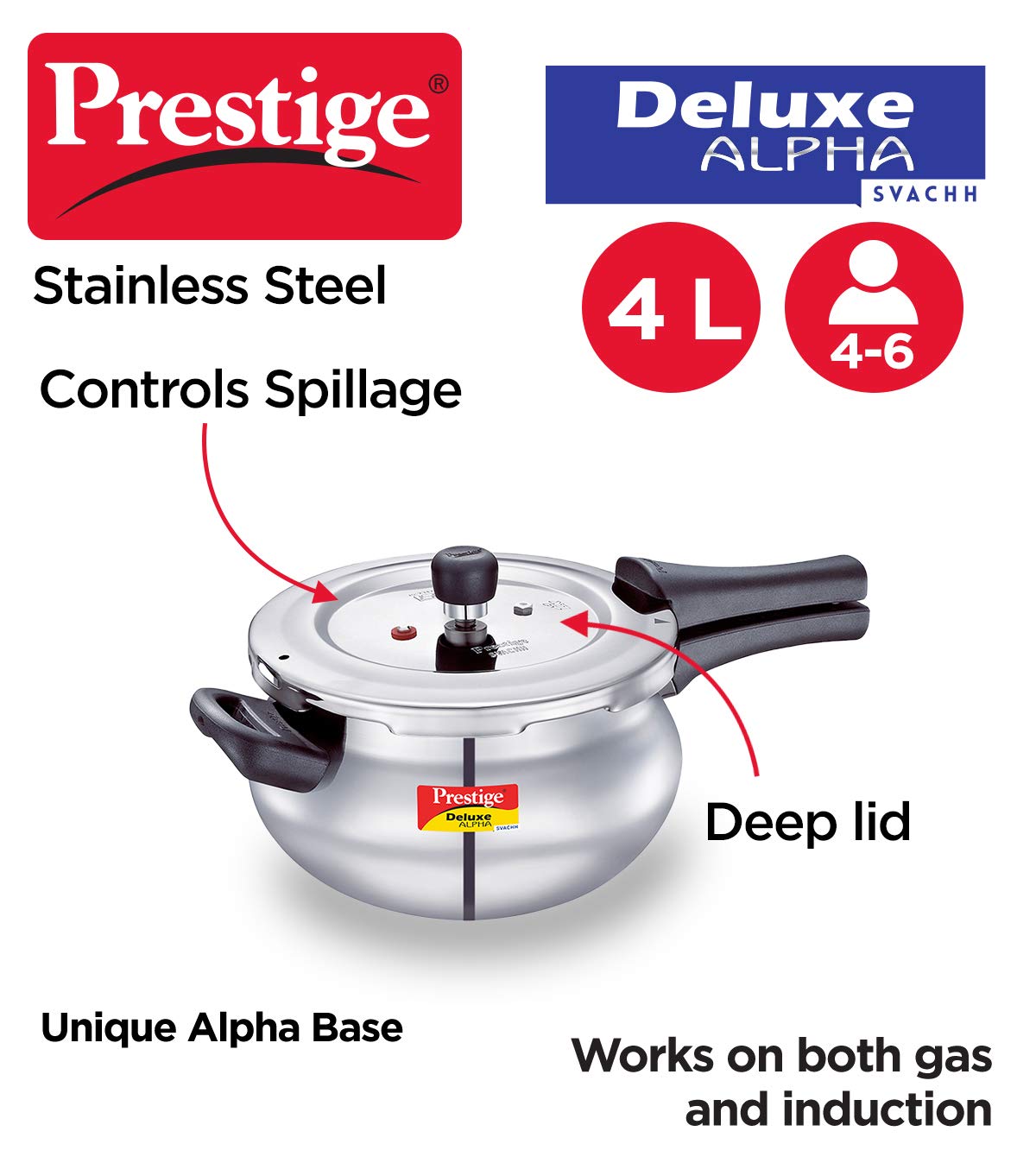 Prestige Svachh, 20268, 4 L, Alpha Junior Handi, With Deep Lid For Spillage Control, Stainless Steel, Silver, Outer Lid