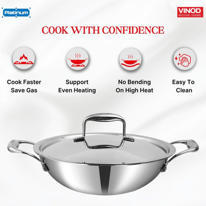 Vinod SAS Pro Platinum Triply Stainless Steel Extra Deep with Lid - 4.8 Litre, 28 cm | Stick Free Kadai for Cooking, Hexa Design Inside, Metal Spoon Safe, Gas & Induction Base, PFOA Free
