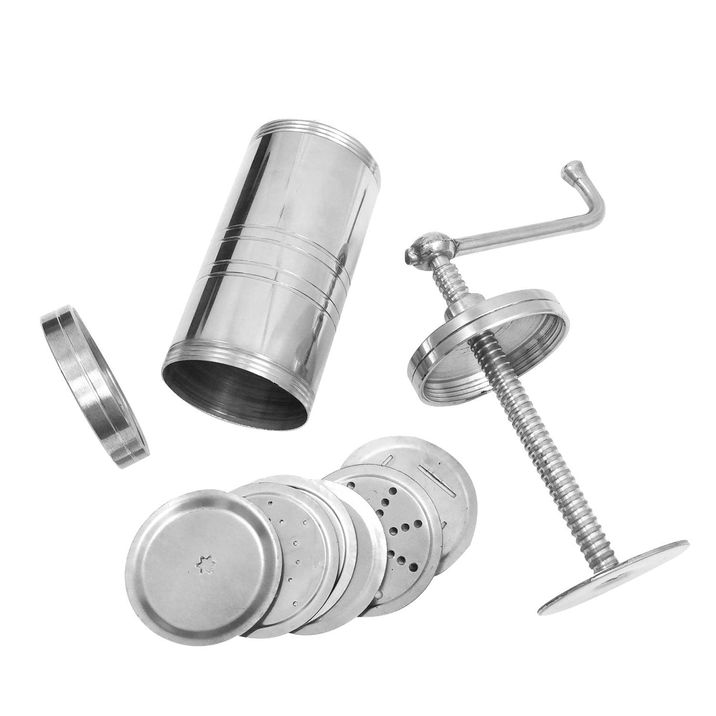 Stainless Steel Sev Sancha Machine with 6 Different Jali for Making Different Types of Sevaiya, Sev, Gathiya Murukku, Chakli, Bhujia (Silver)
