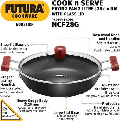 Hawkins FUTURA 3 Litre Nonstick Cook-n-Serve Frying Pan with Glass Lid, Diameter 28 cm, Black (NCF28G)
