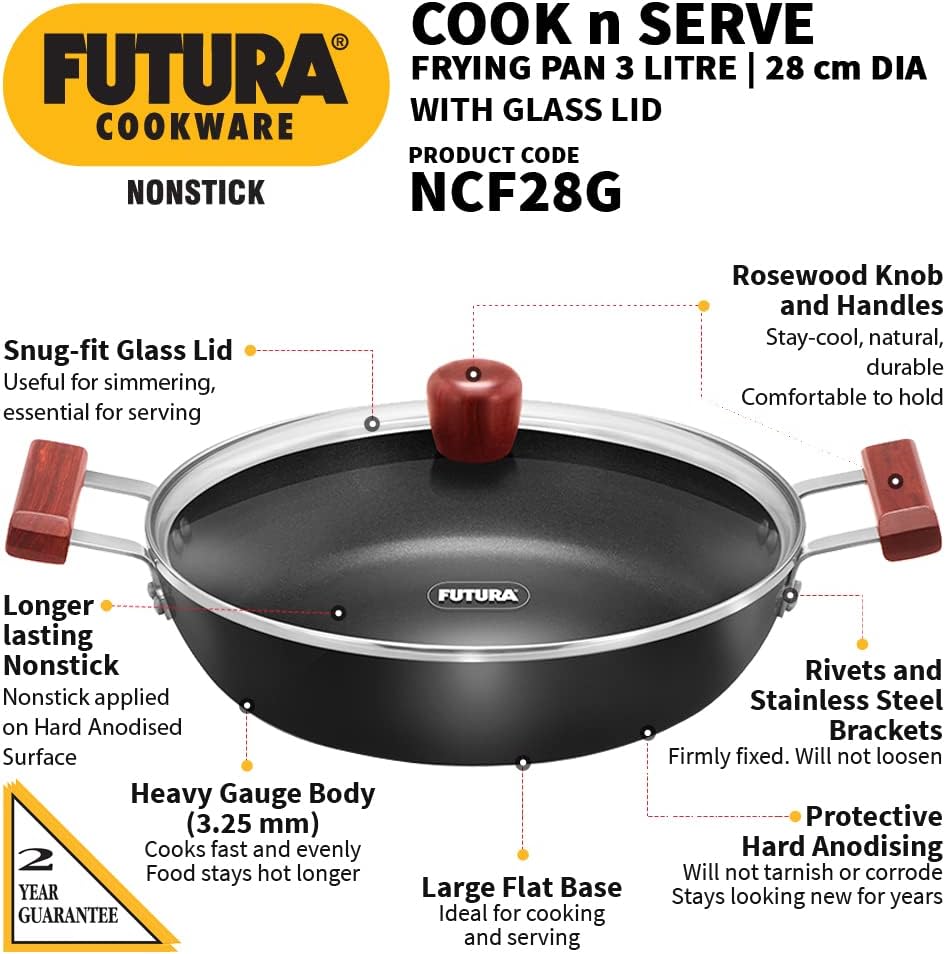 Hawkins FUTURA 3 Litre Nonstick Cook-n-Serve Frying Pan with Glass Lid, Diameter 28 cm, Black (NCF28G)