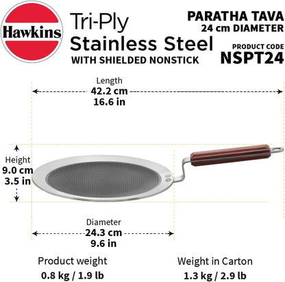 Hawkins Paratha Tawa, Triply Stainless Steel Shielded Nonstick Tawa with Rosewood Handle, Honeycomb Non Stick Induction Tawa, Silver 24 cm / 26 cm (NSPT24) (NSPT26)