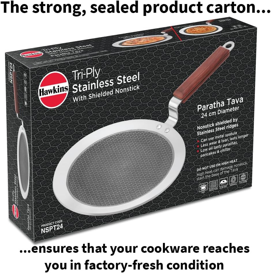 Hawkins Paratha Tawa, Triply Stainless Steel Shielded Nonstick Tawa with Rosewood Handle, Honeycomb Non Stick Induction Tawa, Silver 24 cm / 26 cm (NSPT24) (NSPT26)