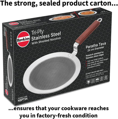 Hawkins Paratha Tawa, Triply Stainless Steel Shielded Nonstick Tawa with Rosewood Handle, Honeycomb Non Stick Induction Tawa, Silver 24 cm / 26 cm (NSPT24) (NSPT26)