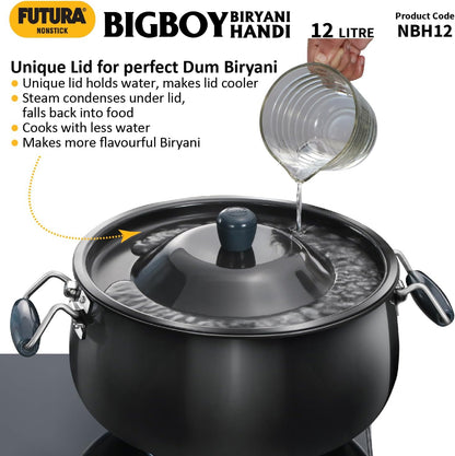 Hawkins Futura 12 Litre BigBoy Biryani Handi, Non Stick Pot with Hard Anodised Lid, Sauce Pan for Cooking and Serving Biriyani, Black (NBH12) Aluminium