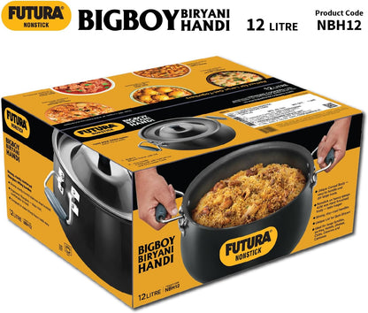 Hawkins Futura 12 Litre BigBoy Biryani Handi, Non Stick Pot with Hard Anodised Lid, Sauce Pan for Cooking and Serving Biriyani, Black (NBH12) Aluminium