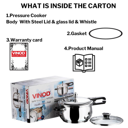 Vinod Splendid Plus Stainless Steel Outer Lid Pressure Cooker 3.5 Litre | Handi Cooker with SAS Bottom & Extra Glass Lid | Induction & Gas Compatible | ISI & CE Certified