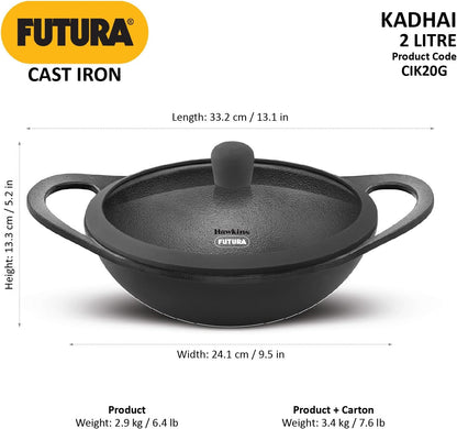 Hawkins Futura 2 Litre Cast Iron Kadhai Pan, Naturally Nonstick Cast Iron Kadai Pan with Glass Lid, Cast Iron Cookware for Kitchen, Black (CIK20G)