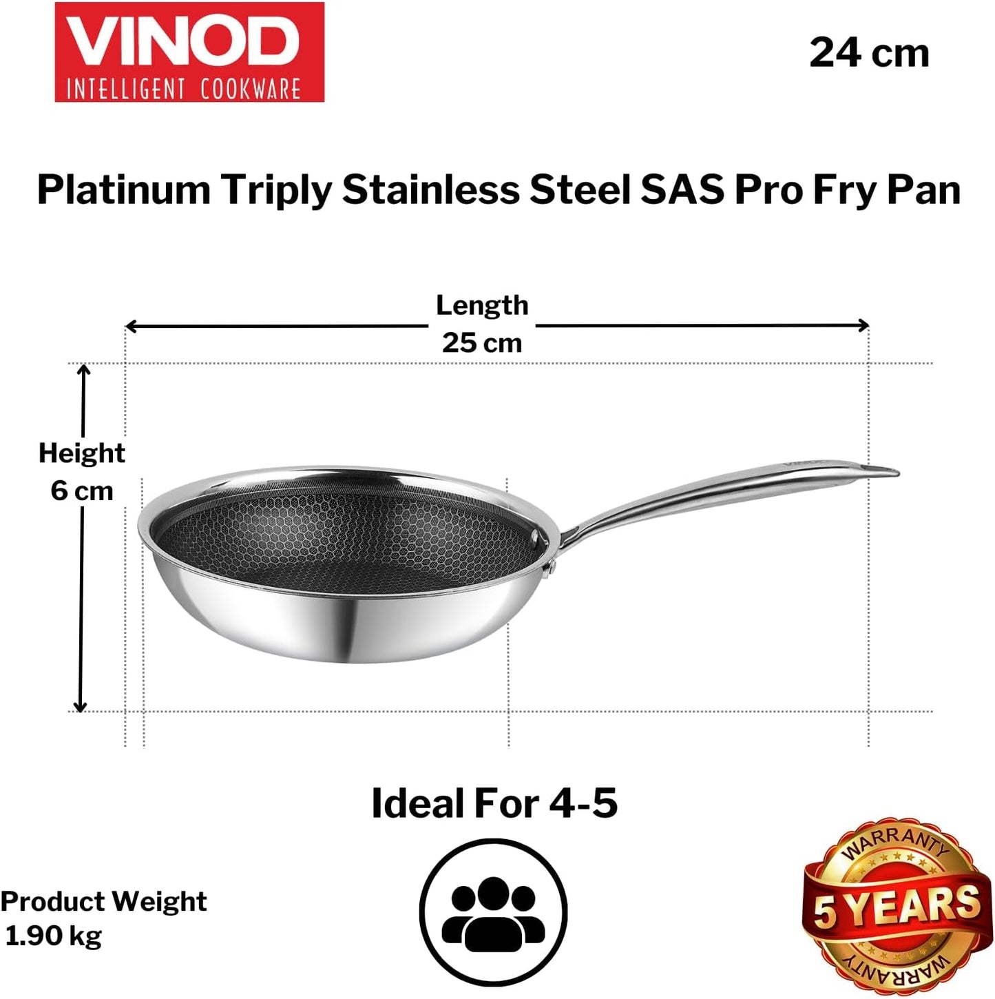 Vinod Platinum Triply Stainless Steel X FRYPAN 24 cm(Induction Friendly)
