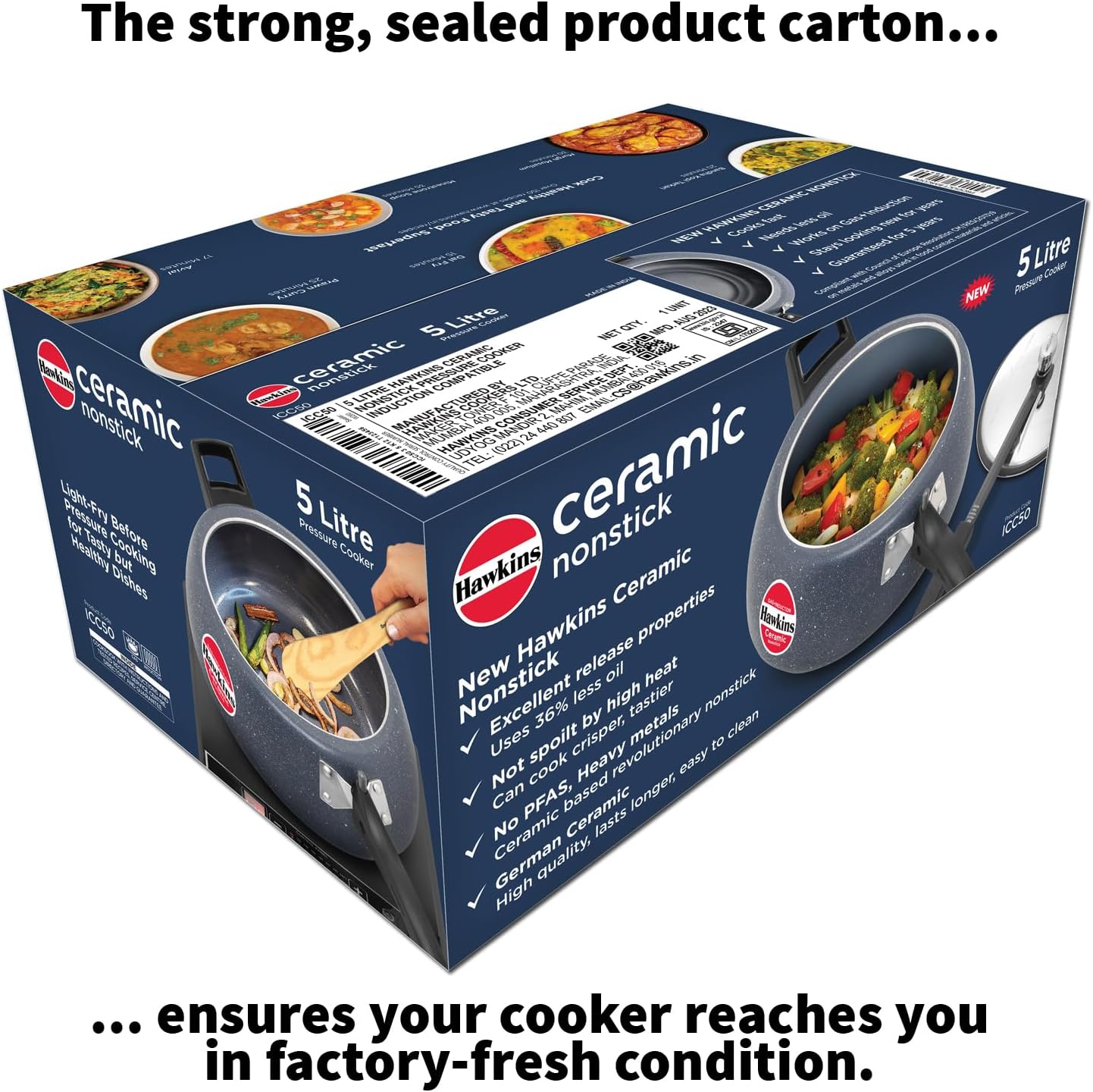 Hawkins 5 Litre Ceramic Nonstick Pressure Cooker, Induction Inner Lid, Granite Contura Shaped, Best Cooker, Blue (ICC50)