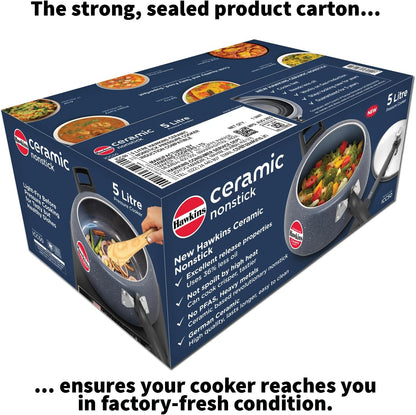 Hawkins 5 Litre Ceramic Nonstick Pressure Cooker, Induction Inner Lid, Granite Contura Shaped, Best Cooker, Blue (ICC50)