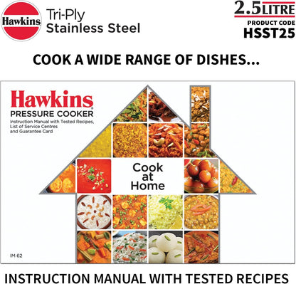 Hawkins 2.5 Litre Triply Stainless Steel Pressure Cooker, Inner Lid Cooker, Silver (HSST25)
