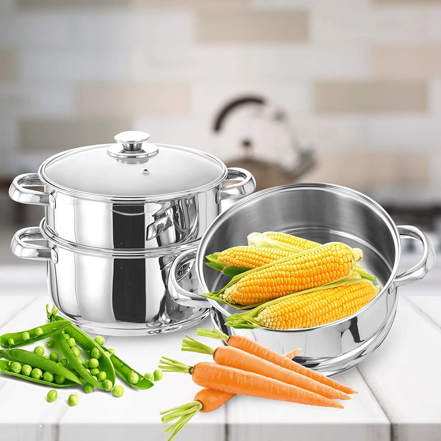 3 Tier Steamer Cooking Pan for Induction Hob, Food and Vegetable Steamer with Vented Glass Lid - 24 CM