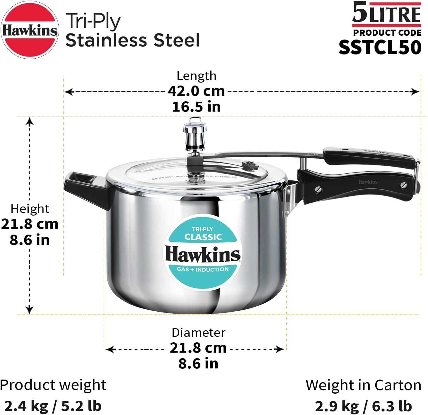 Hawkins Classic 5 Litre Tri-Ply Pressure Cooker, Triply Stainless Steel Inner Lid Cooker, Silver (SSTCL50)