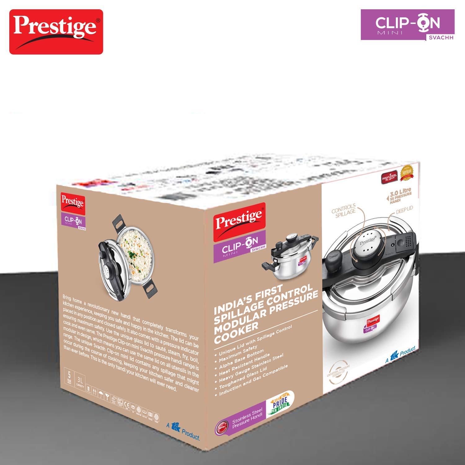 Prestige Svachh Clip-On Stainless Steel Outer Lid Pressure Handi, 3 litre , Silver
