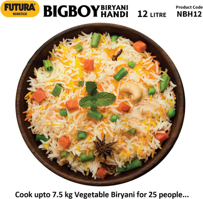 Hawkins Futura 12 Litre BigBoy Biryani Handi, Non Stick Pot with Hard Anodised Lid, Sauce Pan for Cooking and Serving Biriyani, Black (NBH12) Aluminium