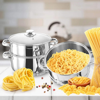 3 Tier Steamer Cooking Pan for Induction Hob, Food and Vegetable Steamer with Vented Glass Lid - 24 CM