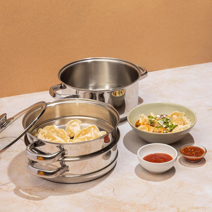 3 Tier Steamer Cooking Pan for Induction Hob, Food and Vegetable Steamer with Vented Glass Lid - 24 CM