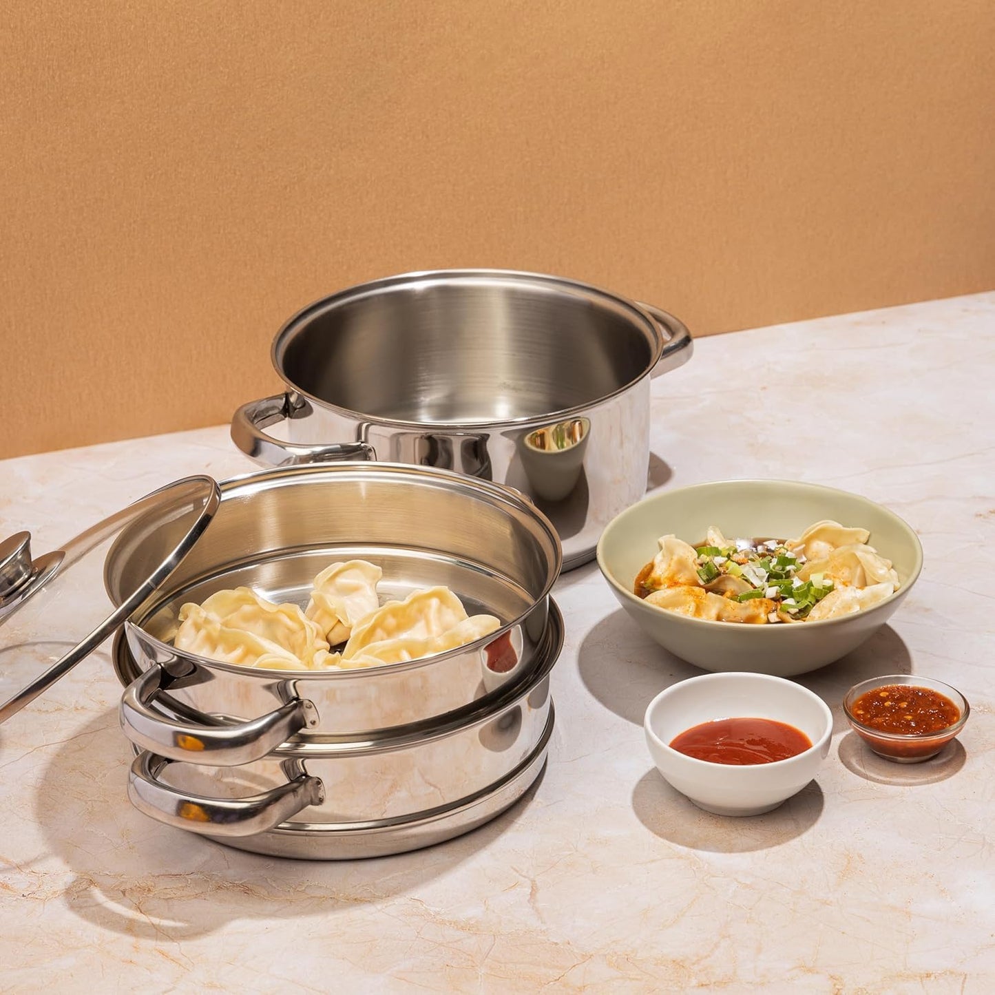 3 Tier Steamer Cooking Pan for Induction Hob, Food and Vegetable Steamer with Vented Glass Lid - 24 CM