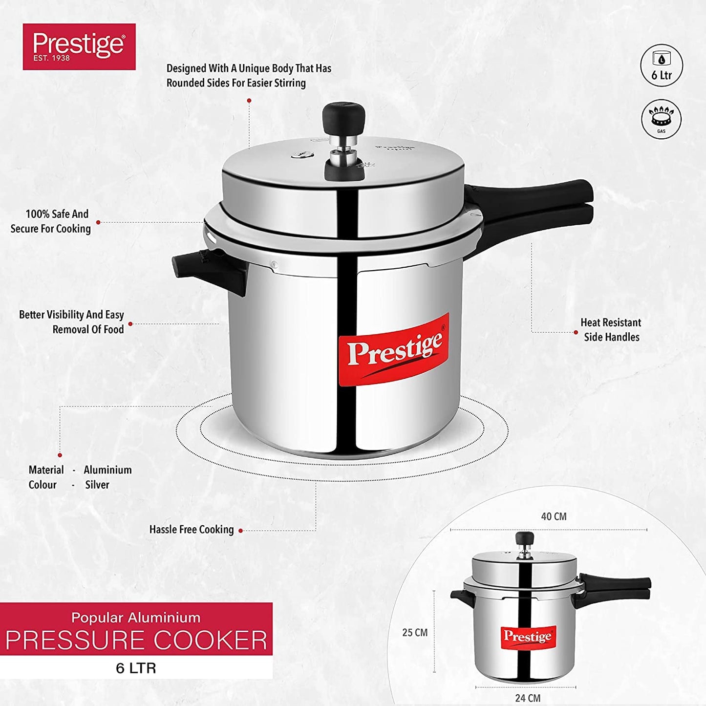 Prestige 7.5 Litres Popular Outer Lid Aluminium Pressure Cooker |Metallic Safety Plug | Gasket Release System | Silver