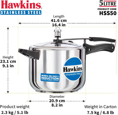 Hawkins 5 Litre Pressure Cooker - Stainless Steel Inner Lid, Induction Compatible, Silver