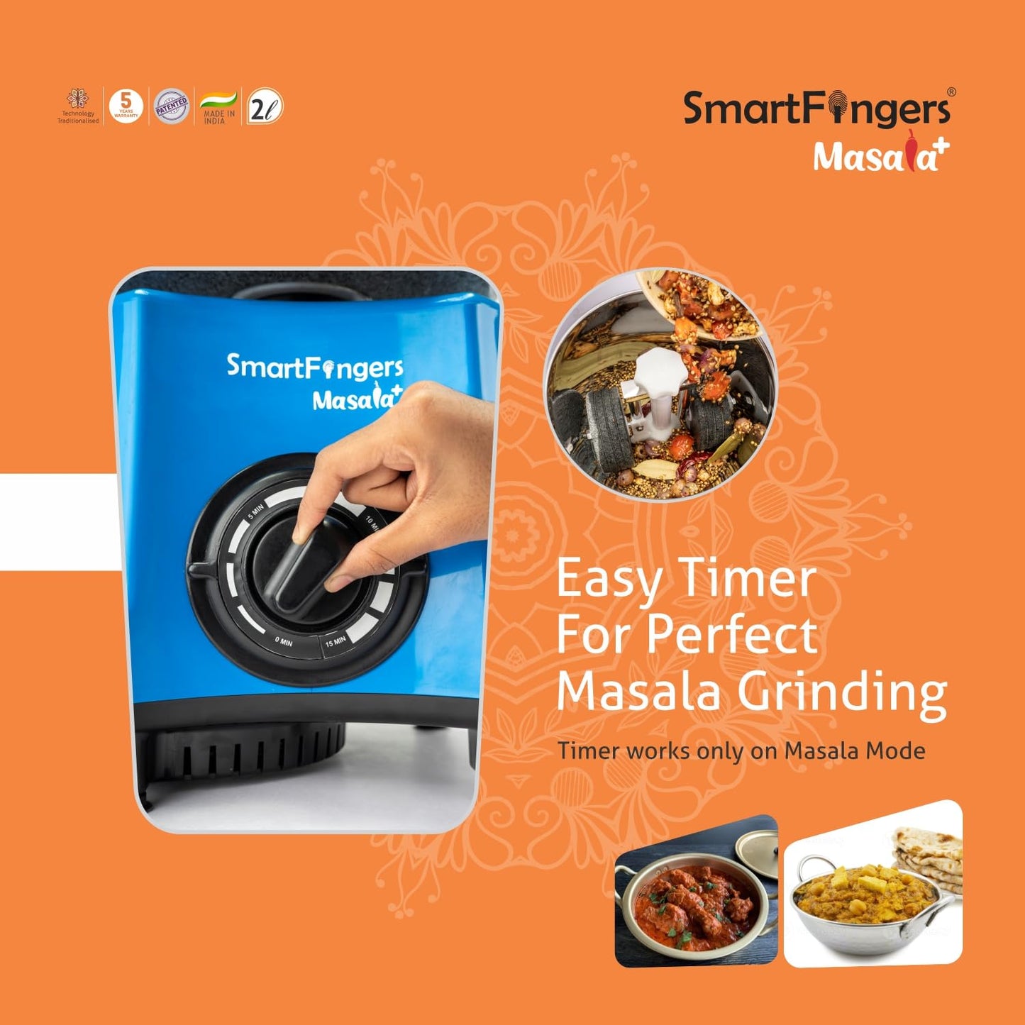 SmartFingers Masala + Table Top Masala and Batter Wet Grinder 230V 50hz, 2 Liter, Blue