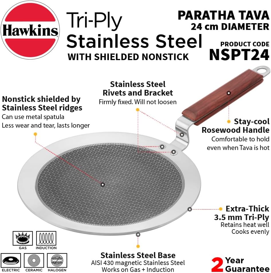 Hawkins Paratha Tawa, Triply Stainless Steel Shielded Nonstick Tawa with Rosewood Handle, Honeycomb Non Stick Induction Tawa, Silver 24 cm / 26 cm (NSPT24) (NSPT26)